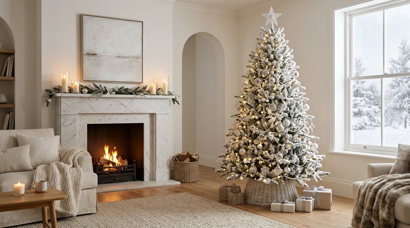 Elegant white Christmas tree with silver and crystal ornaments in a minimalist living room.